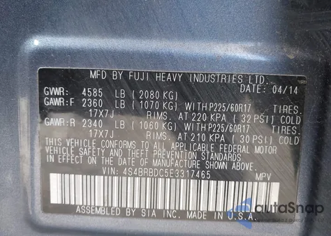 2014 Subaru Outback 2.5I Premium from USA, damaged, VIN 4S4BRBDC5E3317465